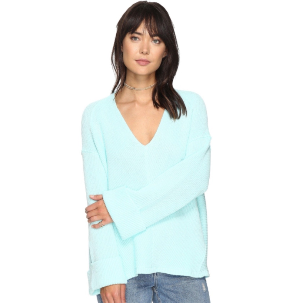 Free People La Brea V-Neck Sky Blue Knit Sweater Large